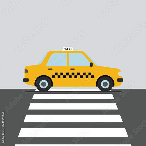 Yellow taxi cab driving on road crossing with checkered pattern