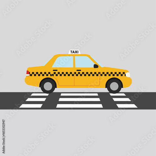 Yellow taxi cab driving on road with crosswalk and checkered pattern
