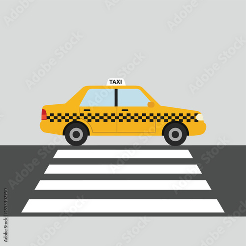 Yellow taxi cab driving over a city street crosswalk on a gray background