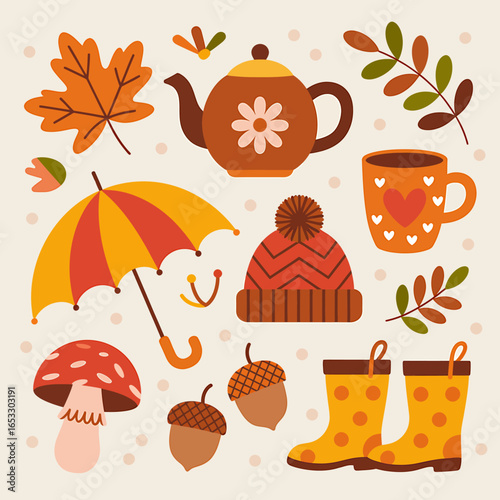 Cozy Autumn Illustration with Tea Pot Umbrella and Warm Clothing for Seasonal Designs and Creative Projects Vector Art