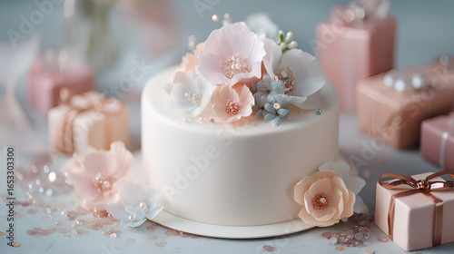 Elegant celebration cake adorned with delicate floral decorations, surrounded by tastefully wrapped gifts.