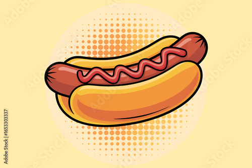 Delicious Cartoon Hot Dog with Ketchup Ready to Eat on a Fun Pop Art Background for Summer Picnics