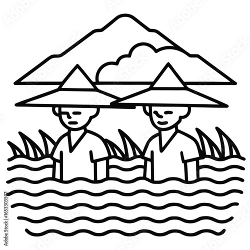 Farmers working in flooded rice paddies wearing traditional clothing
