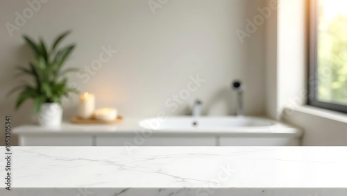 Empty marble table top on blurred minimalistic luxury bathroom at apartment, white day light, clean cozy colors. Place for product display, showing products, side view