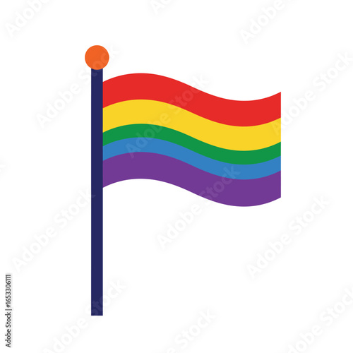 LGBTQ pride flag waving on a pole with a round finial