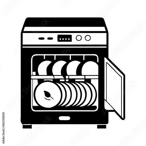 Vector art of dishwasher with open door and dishes inside  icon