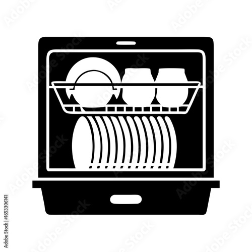 Vector art of dishwasher with open door and racks full of dishes  icon