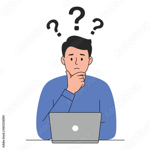 Man sitting at laptop with confused expression and question marks above his head