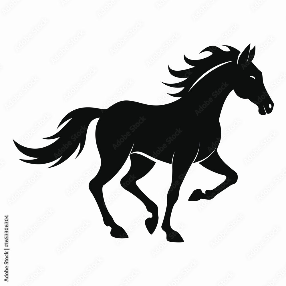 Obraz premium Black silhouette of a running horse with flowing mane and tail white