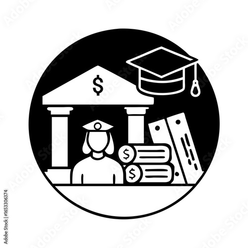 Vector art of education finance concept with bank, student, graduation cap, and money icon