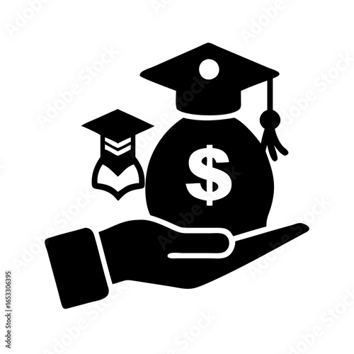 Vector art of hand holding a money bag with graduation cap, symbolizing educational finance and investment