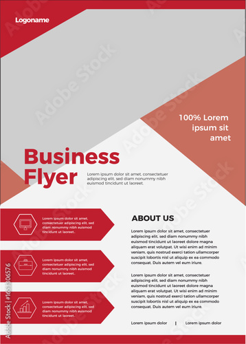A business flyer with red geometric shapes, text blocks, icons, and a placeholder image, using a clean, modern design and a professional tone.
