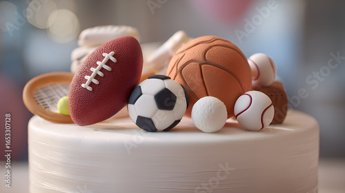 Sports themed cake decoration featuring miniature versions of various sports equipment and marshmallow.