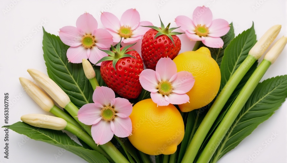 Obraz premium Vibrant spring produce illustrations showcasing fresh fruits and vegetables artfully arranged