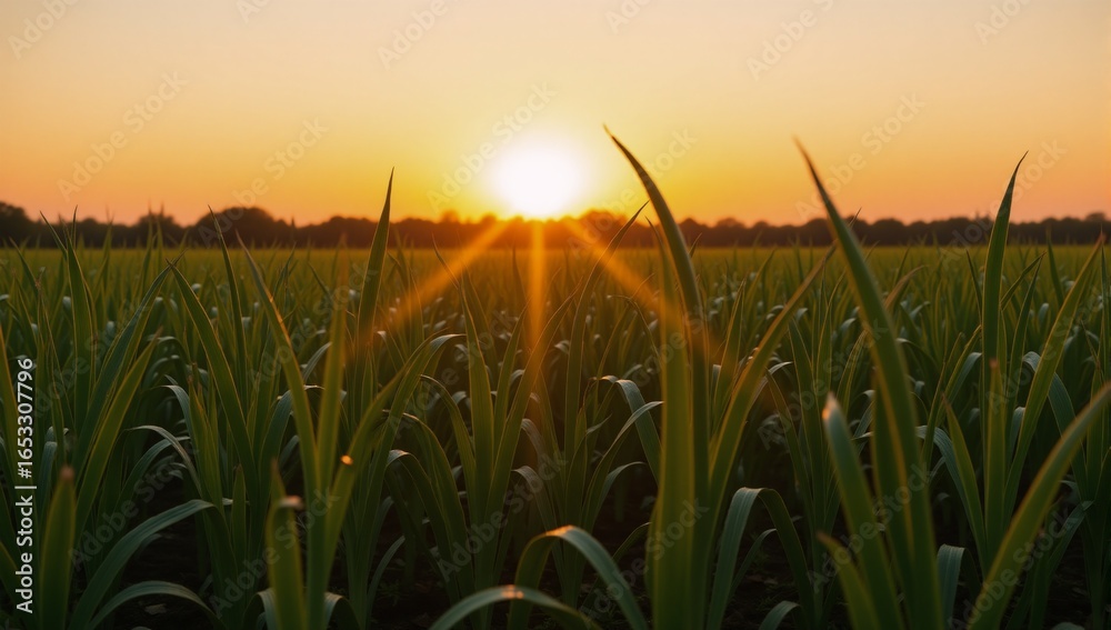 Fototapeta premium Sunrise over a fresh vegetable-filled onion field