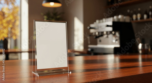 Blank Acrylic Table Tent Sign Mockup in Cafe