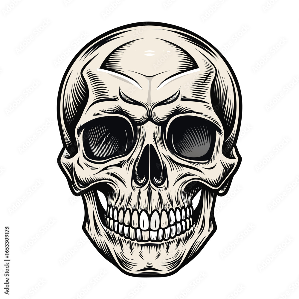 Obraz premium Detailed human skull with dark eye sockets and grinning teeth bone anatomy