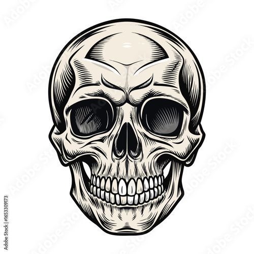 Detailed human skull with dark eye sockets and grinning teeth bone anatomy