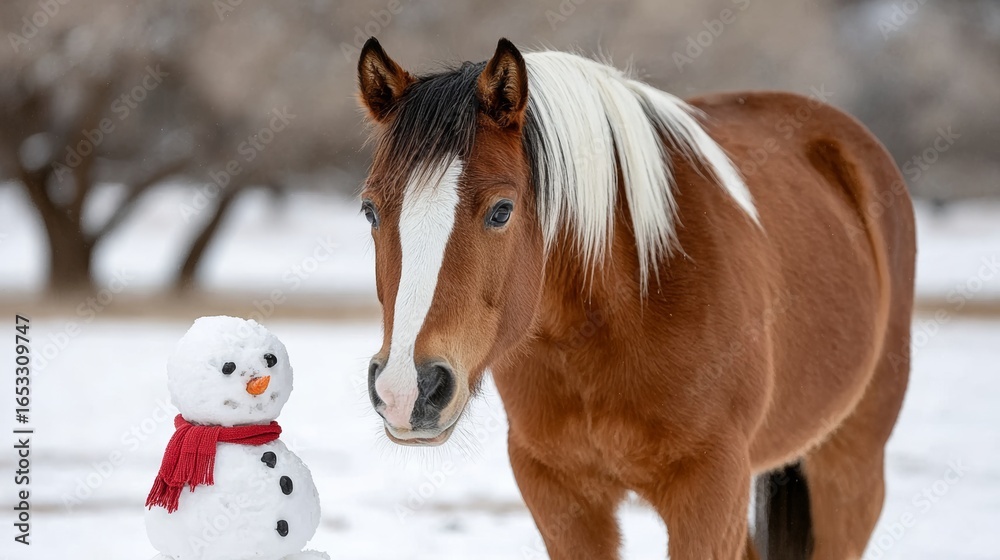 Fototapeta premium A horse is standing in the snow next to a snowman. The horse is brown and white, and the snowman is made of snow. The scene is peaceful and serene, with the snowman