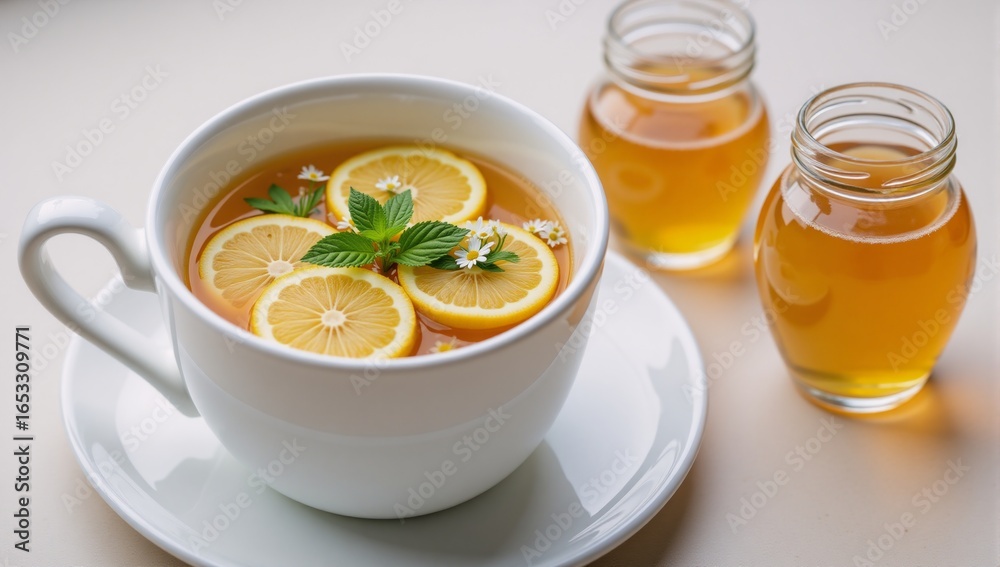 Teapot filled with herbal tea lemon slices mint and chamomile floating inside honey in jar Teapot filled with herbal tea lemon slices mint and chamomile floating inside honey in jar