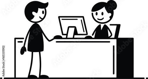 Front desk staff helping a customer, a professional vector icon.
