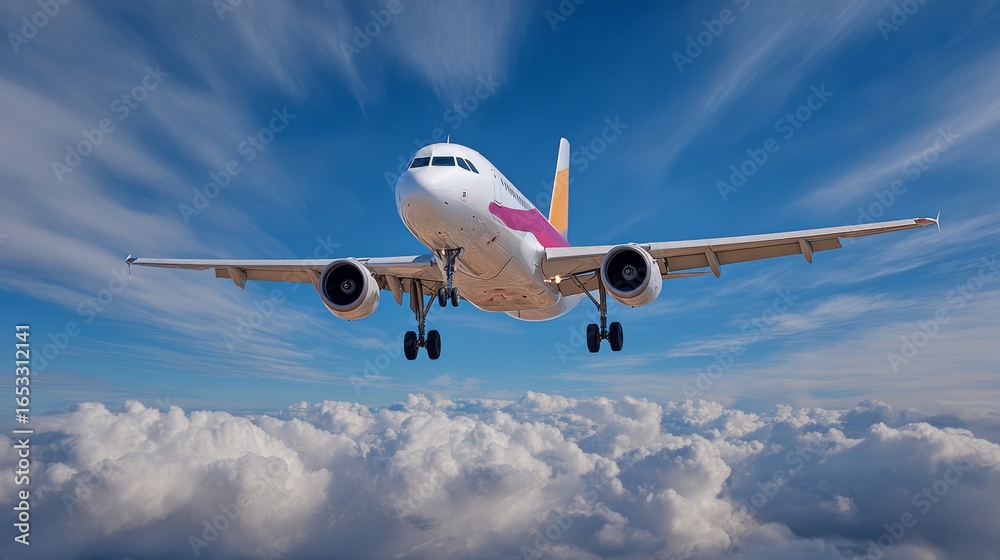 Obraz premium A large airplane is flying through the sky with clouds in the background. The airplane is white and has a pink and orange tail. The sky is clear and blue