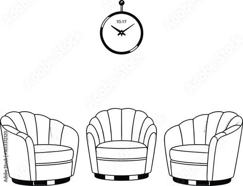 Classic waiting room armchairs with a clock, a detailed vector.