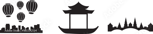 Asian Architecture Vector Collection Pagodas Lanterns and Cityscapes in Silhouette