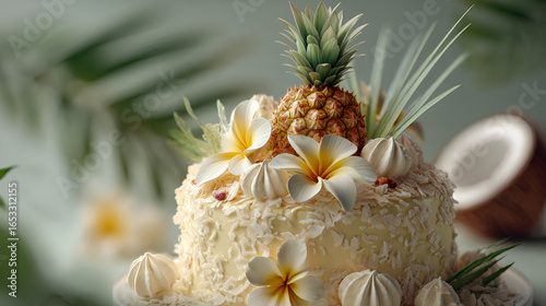 Tropical Delight Cake: Creamy coconut cake topped with pineapple, plumeria blossoms, and meringue kisses.