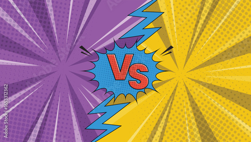 Bright pop art comic style VS background with dynamic halftone rays in purple and yellow ideal for battles competitions posters gaming tournaments and creative design projects