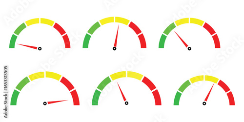 Speedometer icon set. Set of gauges icon from low to high. performance level, risk meter, score meter, progress score. Speed indicator vector icons.