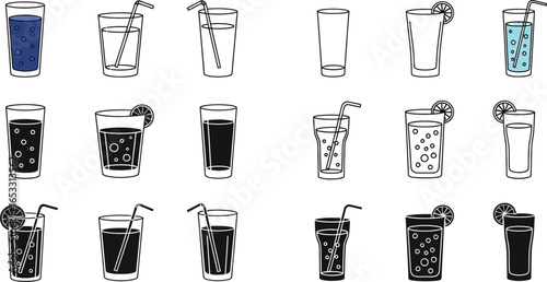 Illustration of various drinks in glasses with straws and lemon