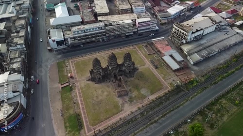 Drone Curved Shot of Phra Prang Sam Yod Temple in Lopburi, Thailand