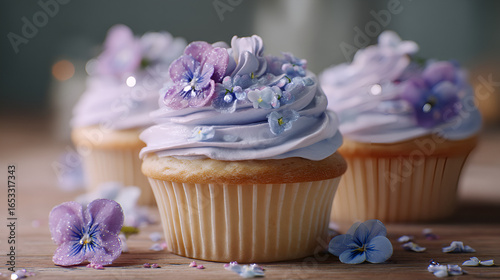 Delicate cupcakes topped with lilac frosting and edible flowers, perfect for a spring celebration.