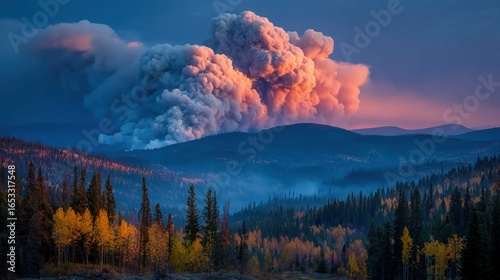 Forest fire smoke billowing into the sky, showing the scale and impact of wildfires, ideal for environmental disaster and climate change stock