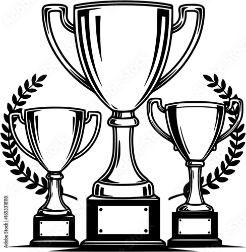 Monochrome Trophy Cup with Smaller Trophy and Laurel Illustration.
