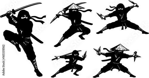 A stylized black and white illustration of a masked ninja holding a weapon.
