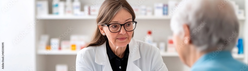 Female Pharmacist Consults Patient at Pharmacy,healthcare ,prescription Female Pharmacist Consults Patient at Pharmacy,healthcare ,prescription