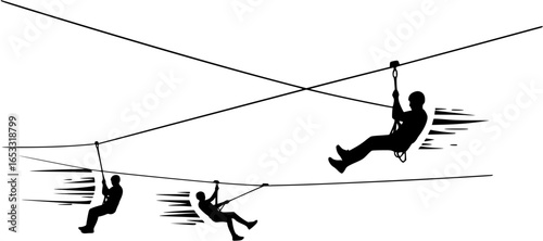Silhouette of a person zip-lining, dynamic motion lines suggesting speed and adventure.
