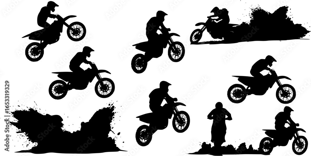 Naklejka premium Black vector silhouette of aggressive motocross rider creating massive dirt spray during high-speed jump 