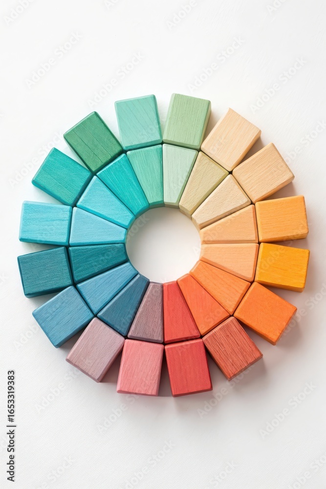 Fototapeta premium Color wheel made of wooden blocks isolated on white background