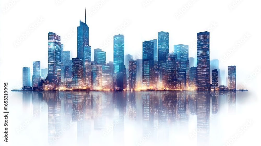 Fototapeta premium Urban skyline at night with illuminated skyscrapers, isolated on a white background, symbolizing modern city life.