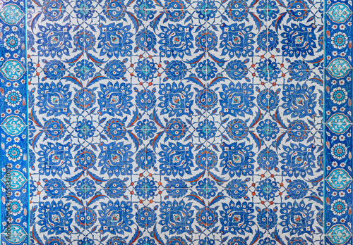 Vintage ceramic tiles, İznik tiling decor from Rustem Pasa Mosque in Istanbul, Turkey.