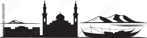 Detailed Silhouette of a Middle Eastern Skyline with Mosque, Mountains, and Traditional Boat