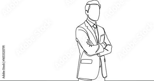 Professional businessman standing confidently in formal suit, arms crossed posture, leadership concept, office manager illustration, corporate style drawing, flat vector illustration