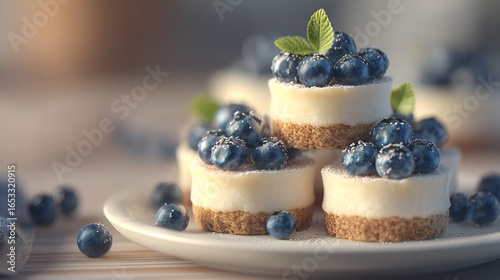 Mini blueberry cheesecakes stacked on a plate. Sweet dessert, fresh blueberries, and delicate mint garnish.