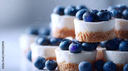 Stacked blueberry cheesecakes offer a delightful treat, showcasing fresh fruit atop creamy desserts.