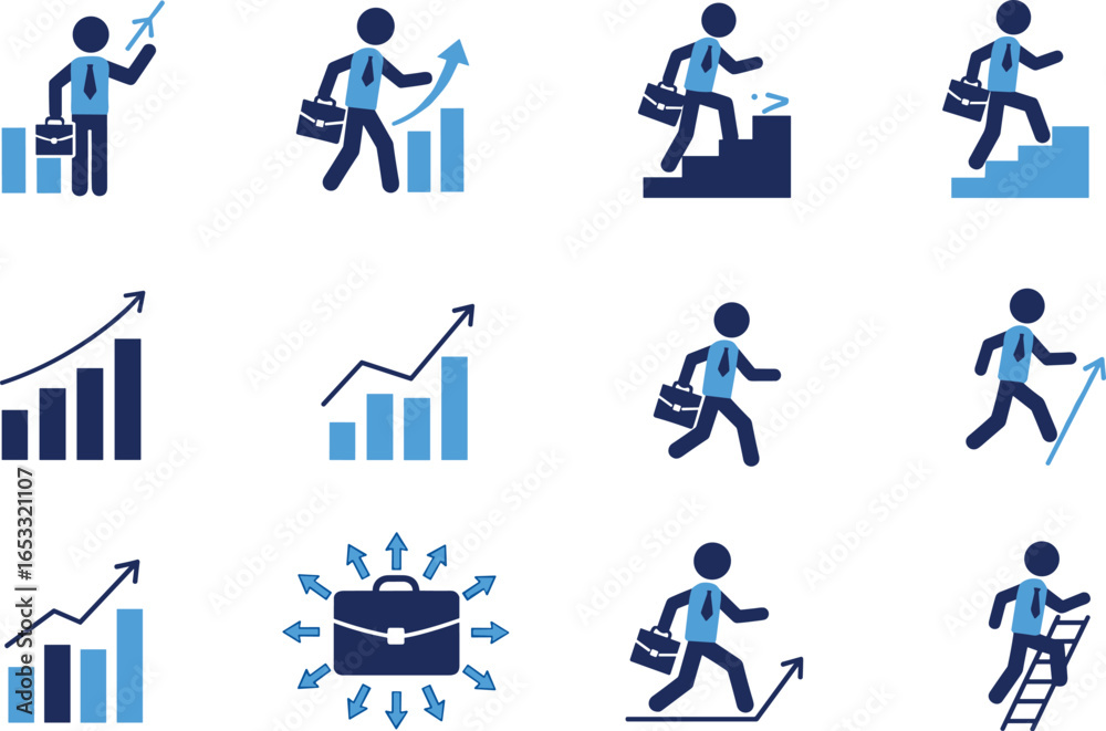 Set of Business Icons, Professional Career Growth and Development, Success and Achievement, Financial Progress and Strategy, Business Person Pictogram, Flat Vector Illustration Set of Business Icons, Professional Career Growth and Development, Success and Achievement, Financial Progress and Strategy, Business Person Pictogram, Flat Vector Illustration