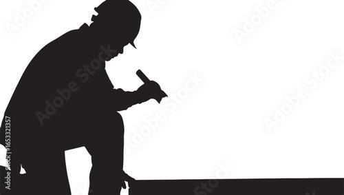 Silhouette of construction worker in hard hat kneeling and marking a plank with chalk vector
