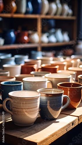 Ceramic mugs on a wooden table in a shop